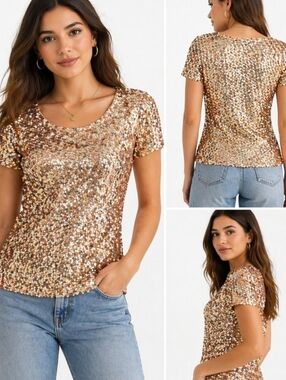 PrettyGuide Gold Rose Gold Sequin Top Sparkly Party Shirt Size S NYE Vegas Glam
